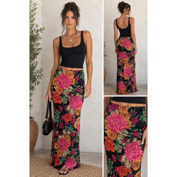 West End Dresses & Skirts - West End Maxi Skirt S Black Floral 90s Slinky Acetate Stretch Long Straight Boho